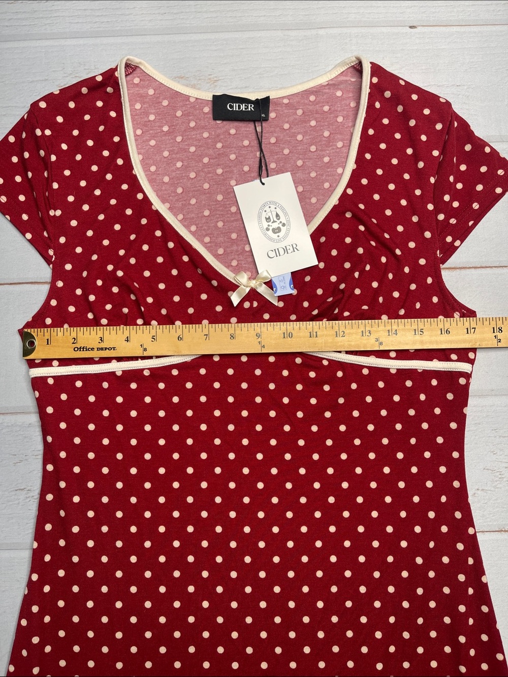 New Cider Dress XL Brick Red Polka Dots Bow Stretch Cap Sleeves V-neck Sexy NWT - Picture 9 of 14
